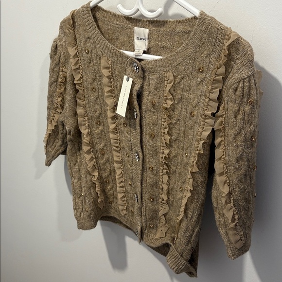 Maeve Embellished Tan Ruffle Button Cardigan - Picture 4 of 8